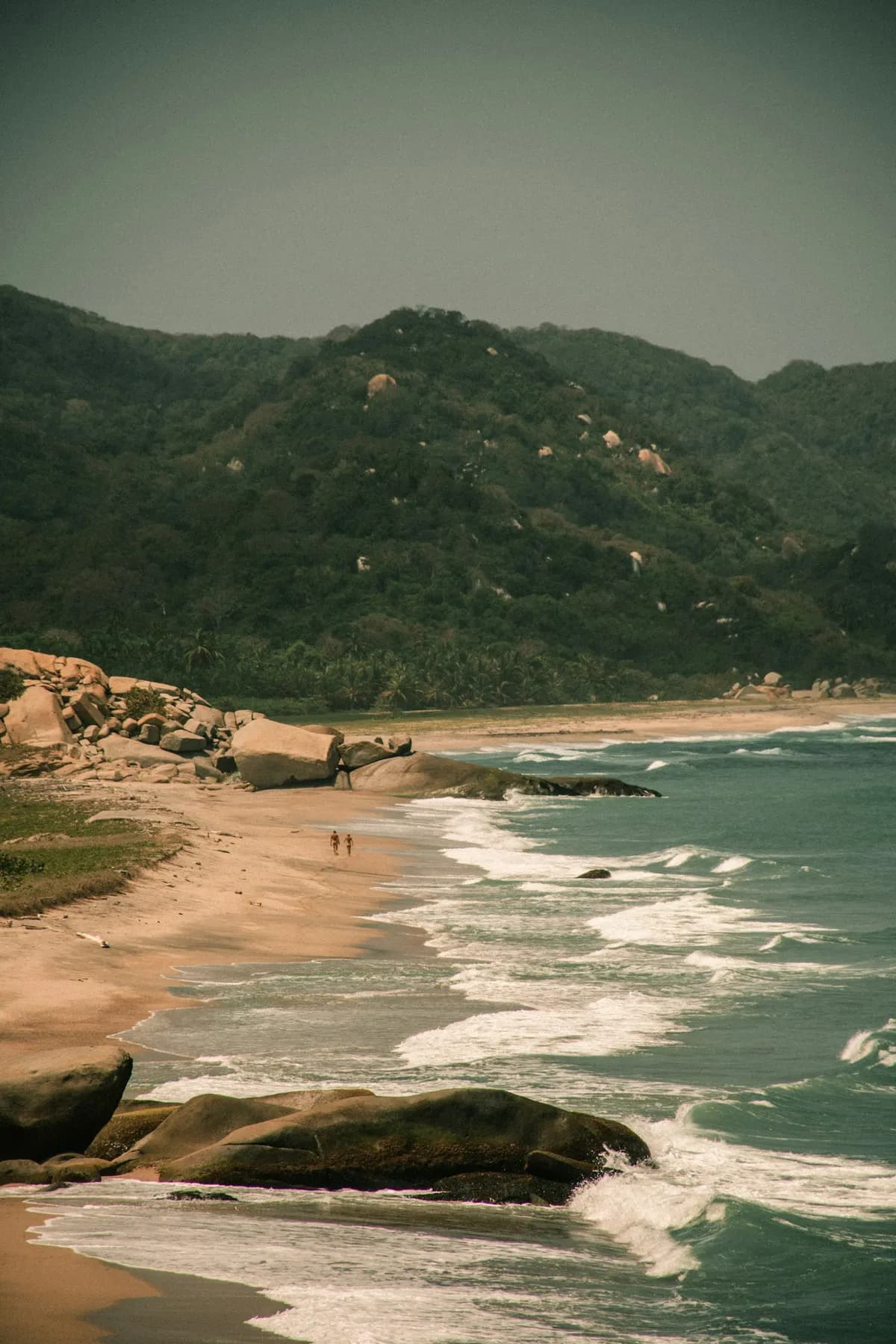 Playa del Parque Tayrona en Santa Marta con montañas y selva llegando hasta el mar